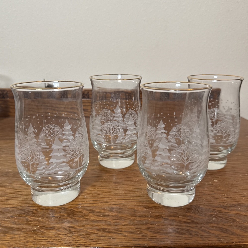 Vintage Libbey Winter Wonderland Etched Tumblers Set of 4 5.25" Holiday Glasses